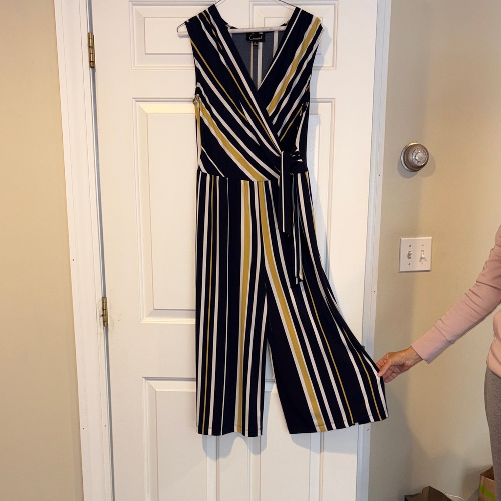 connected apparel Navy, White & Mustard Striped Wrap Jumpsuit
